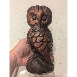 9" Owl Detailed Hand Turned Carved Wood Wooden Sculpture Statue‎ Decor Rustic